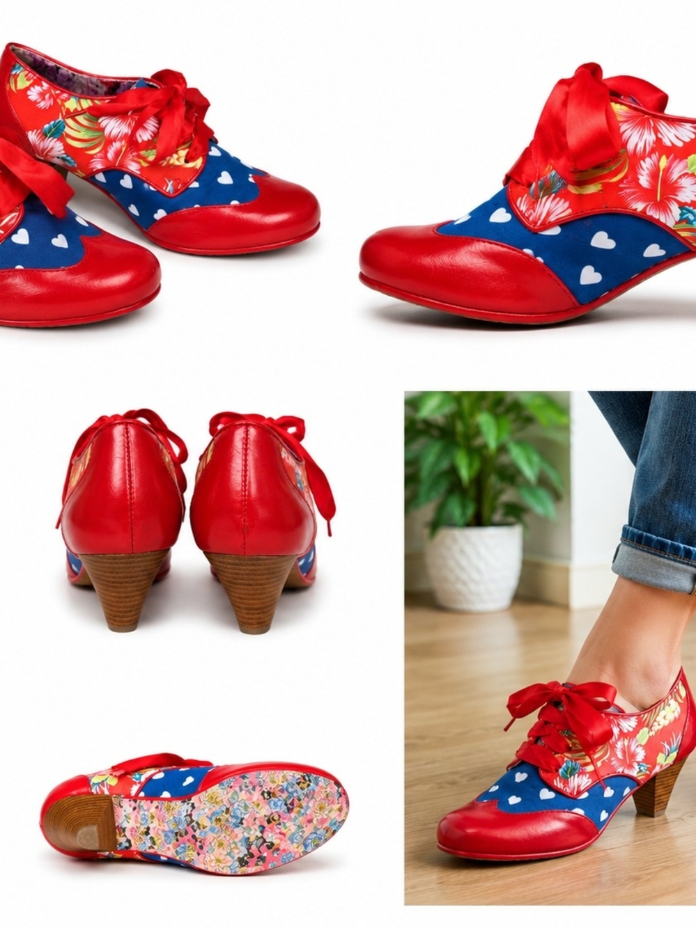 Irregular Choice Red and Blue Floral Heart Lace-Up Heels
